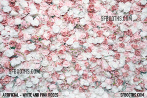 artifical white and pink roses used for photo booth backdrop